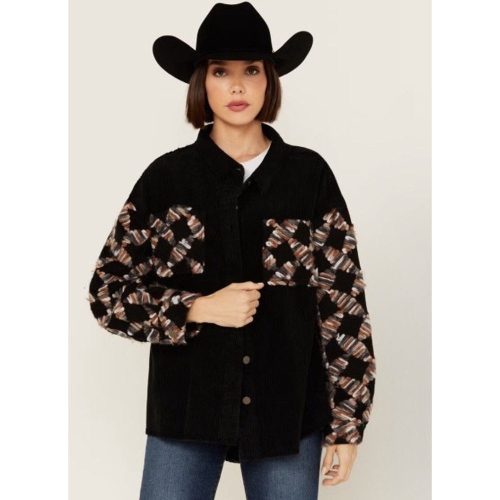 POL Brand Woman Corduroy/Ribbon Detail Boho Shacket Black&Brown Overszd Jacket-M